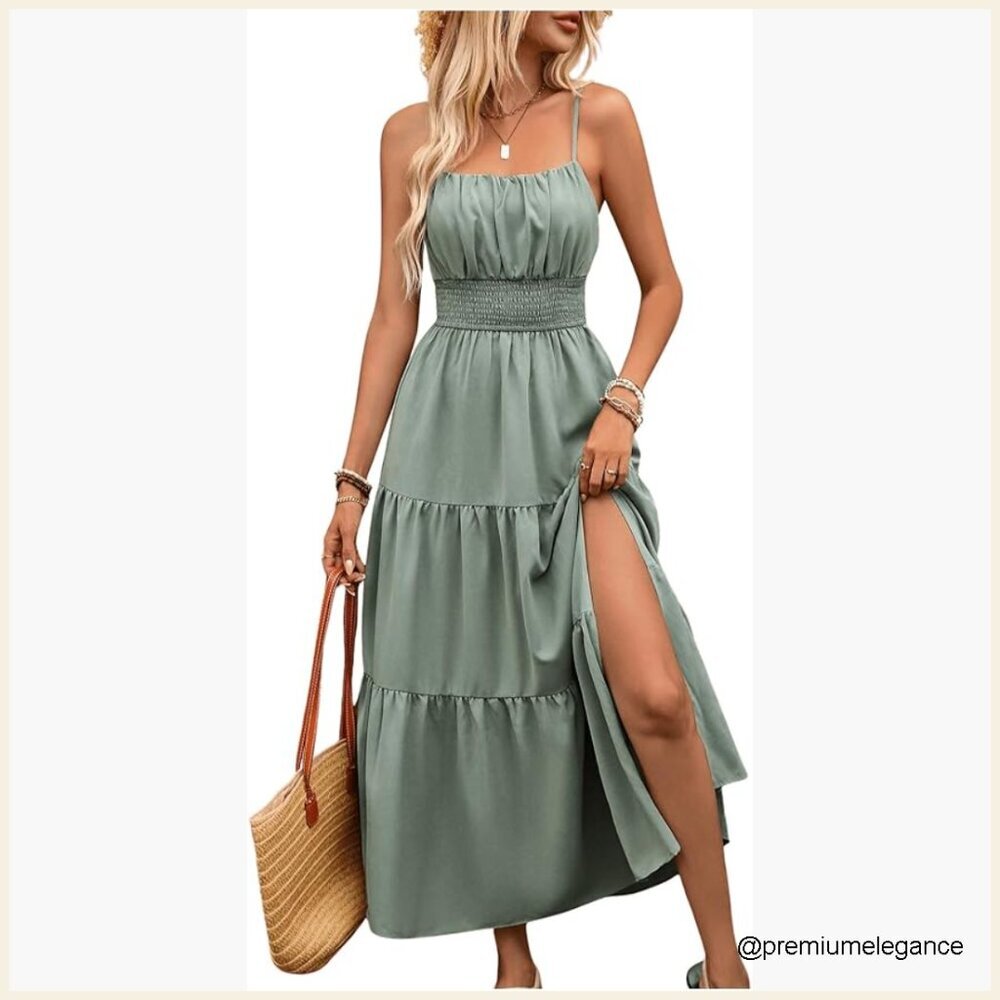 Sleeveless Maxi Dress with Shirred Bodice and Split Hem for Summer